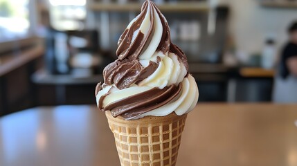 A delicious swirl of chocolate and vanilla soft serve ice cream in a waffle cone on a sunny day