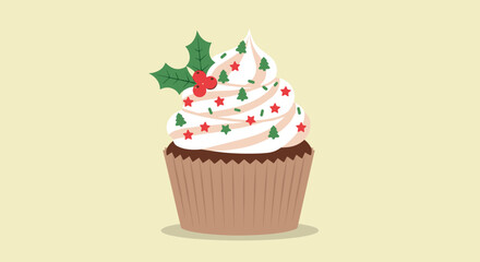 Festive cupcake with holly and christmas decorations on creamy frosting