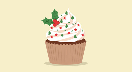 Festive cupcake with holly and christmas decorations on creamy frosting