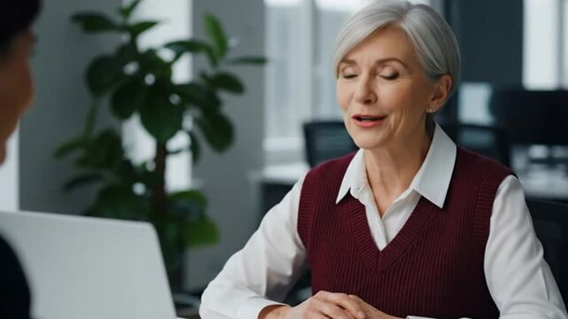 A senior businesswoman in a vest, leading a meeting and talking to a colleague in a modern office. This footage is perfect for corporate mentorship