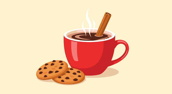 Cozy red mug with hot chocolate and cookies on a cream background