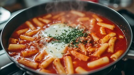 Delicious and spicy korean tteokbokki dish with rice cakes, egg, and gochujang sauce on the stove