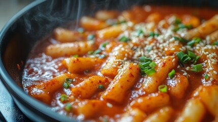 Closeup of spicy tteokbokki, a popular korean rice cake dish with gochujang sauce and sesame seeds