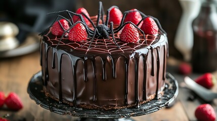 Delicious chocolate cake decorated with strawberries and a spider for a halloween celebration party