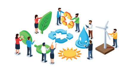 Isometric ecofriendly teamwork with renewable energy and recycling concepts