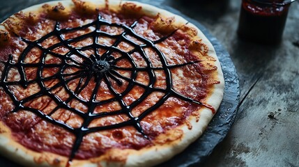 Delicious pizza decorated with a spider web and a spider for halloween celebration party on wooden table