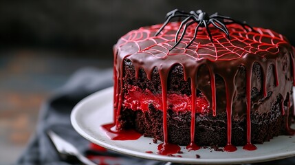Delicious chocolate cake decorated with a spider web and a spider for halloween celebration party
