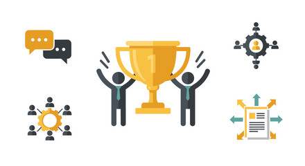Business success concept with trophy and teamwork icons in flat design