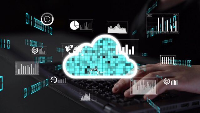 This image depicts the concept of cloud computing with graphical data analysis and statistics, illustrating digital transformation and innovation in business environments. Xenic