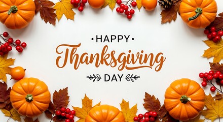 Happy thanksgiving day text with pumpkins and autumn leaves