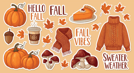 Cozy autumn stickers with pumpkins, sweater, and fall vibes on beige background