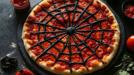 Overhead shot of a halloween pizza with a spiderweb made of black olive paste on a black surface