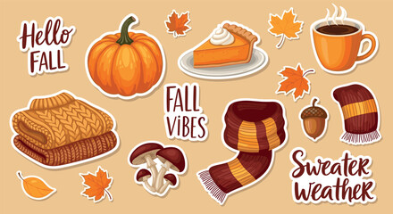 Autumn harvest stickers with warm sweaters, pumpkins, and cozy drinks