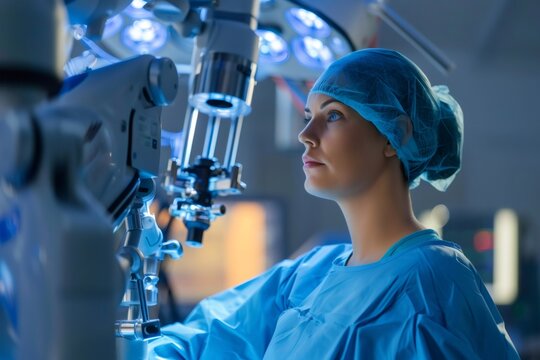 Female surgeon performing robotic surgery in operating room