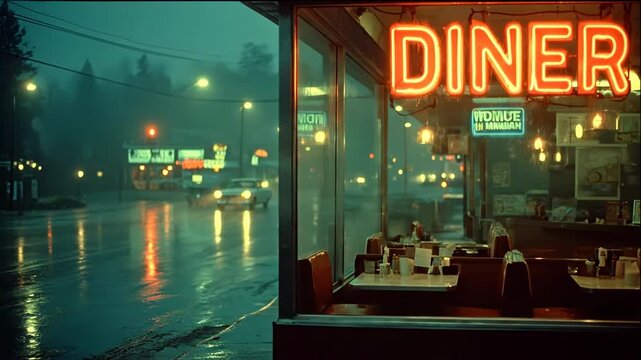 Nostalgic roadside diner on a dark and rainy night with cars driving by, cinematic film footage