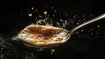 Spoonful of crme brle with sugar crystals flying off, against a dark black background