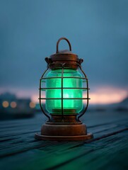Lantern's Glow: Illuminated, a vintage lantern radiates a captivating green hue. The scene is illuminated by the lantern itself, creating a warm, inviting glow amidst a darker backdrop.