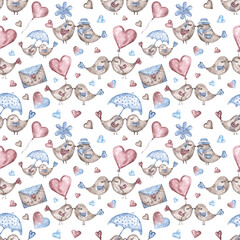 Love watercolor seamless pattern. Valentine's Day pattern. Digital paper. Hearts. Romance. Burgundy, blue. For printing on wrapping paper, fabric, textiles, cards, stickers, invitations, tableware