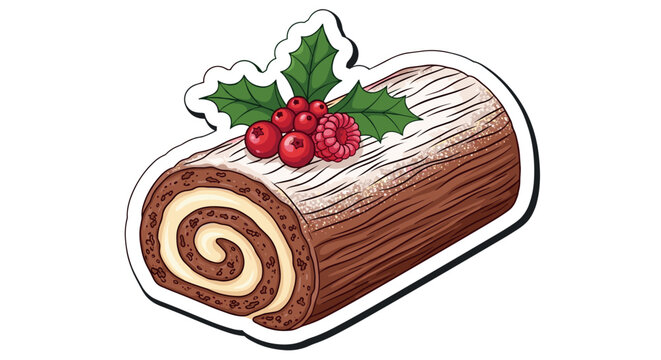Festive yule log cake with holly and berries on a white background