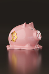 Melted piggy bank with bitcoin symbol on black background. 3d illustration.
