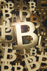 Background of floating golden bitcoin symbols. 3d illustration.