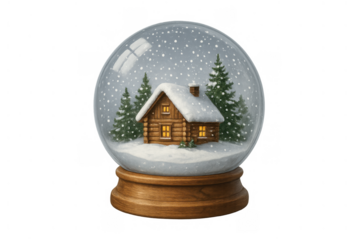 Snow globe featuring a cozy winter cabin scene with falling snow and pine trees, creating a festive holiday atmosphere, transparent background