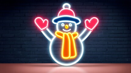 Neon snowman with red gloves and a red scarf. The snowman is smiling and he is happy