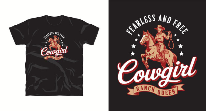 Fearless and free cowgirl ranch queen vector graphic design featuring equestrian woman with lasso riding horse artwork on black background for t shirt apparel 200 characters