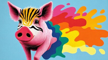 Obraz premium Pig with rainbow stripes on its face is spraying paint. The pig is wearing a striped shirt and has a colorful face