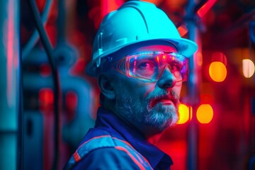 Industrial worker wearing futuristic augmented reality safety glasses