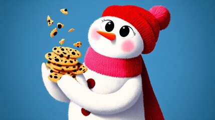 Cartoon snowman holding a bag of cookies. The snowman is wearing a red hat and a pink scarf