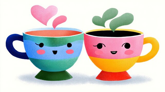 Two cartoon cups with smiling faces and hearts on them. The cups are sitting next to each other