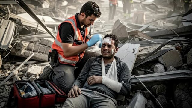 Rescuer provides first aid to injured male survivor amidst rubble, disaster relief and humanitarian assistance footage.