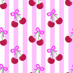 Summer romantic seamless pattern with cherries and bows on striped pink background. Pattern for textile and fabric, wrapping paper, notebooks, notepads, phone case