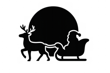 Santa claus, reindeer pulling sleigh, flying across night sky with big moon silhouette, christmas travel concept