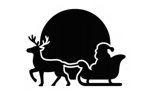 Santa claus, reindeer pulling sleigh, flying across night sky with big moon silhouette, christmas travel concept