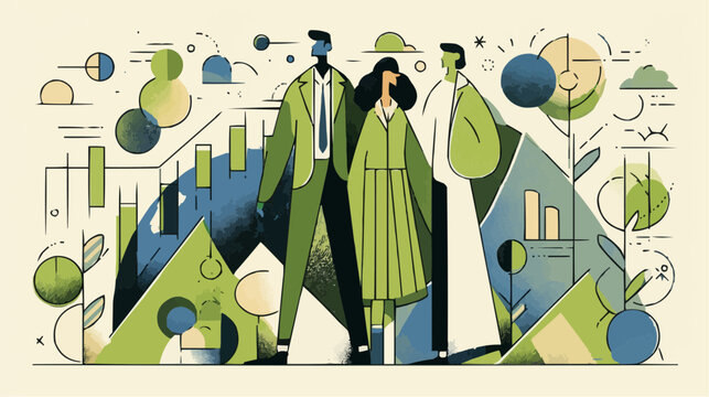 Flat vector of business people, charts, trees and planet connected by green lines, symbol of teamwork, eco innovation and sustainable corporate growth