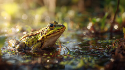 Ai vibrant green frog sits in shallow water surrounded by lush vegetation. Sunlight filters through the leaves, creating a peaceful atmosphere in the wetland.