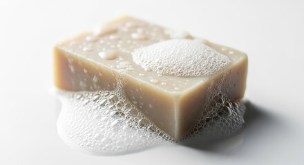 Soap bar with bubbles on white surface creating a clean impression  