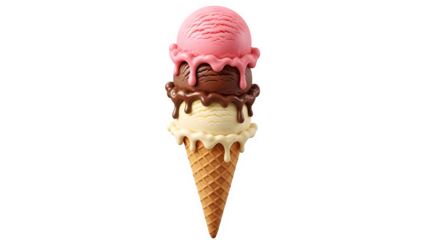Delicious threescoop ice cream cone with chocolate drizzle isolated on transparent background