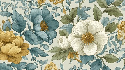 Elegant Floral Pattern: Blue, White, & Gold Flowers with Green Leaves for Textile and Wallpaper Design
