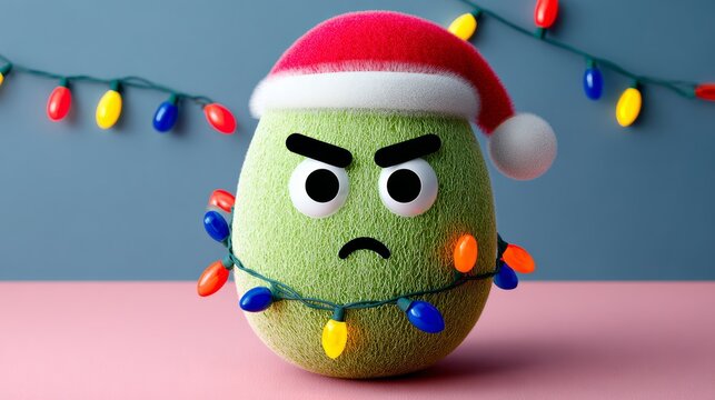 Green monster with a red hat and a green face is standing in front of a Christmas tree with lights - Powered by Adobe