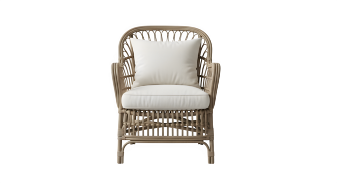 Comfortable rattan armchair with white cushion isolated on transparent background for relaxation