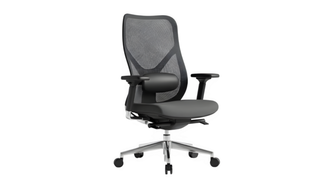 Ergonomic office chair isolated on transparent background, modern design with mesh back and adjustable features