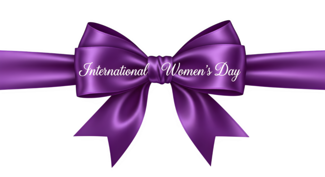 Elegant purple ribbon with international womens day text isolated on transparent background