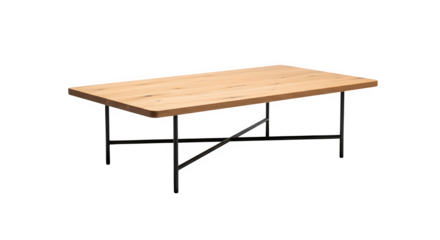 Modern wooden coffee table with black metal legs isolated on transparent background