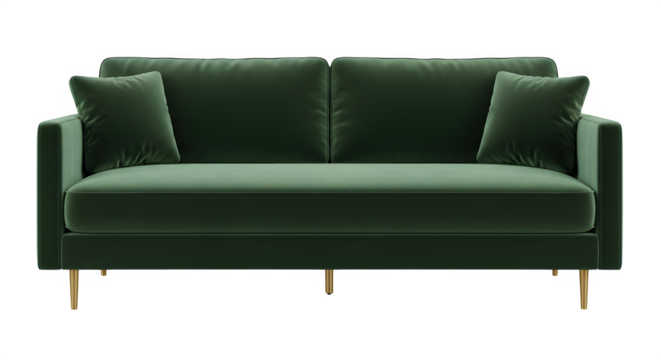 Elegant green velvet sofa isolated on transparent background, perfect for modern living room