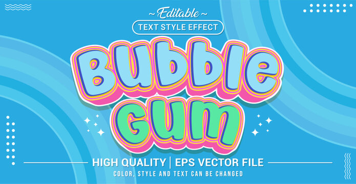 Editable text effect vector in a fun bubblegum style &mdash; glossy, colorful, and playful. Perfect for candy brands, kids&rsquo; designs, games, and cute logo projects.