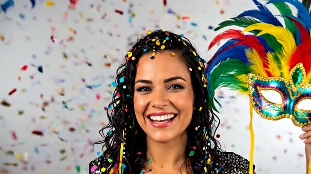 Brazilian Carnival Celebration Joyful Woman with Feather Mask and Confetti