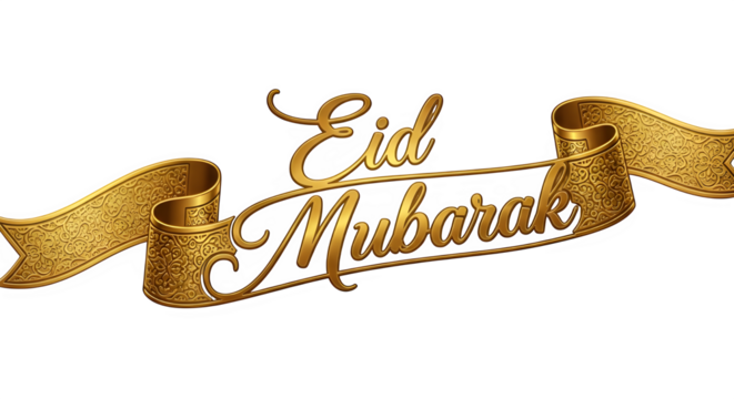 Eid mubarak golden text effect with ribbon isolated on transparent background